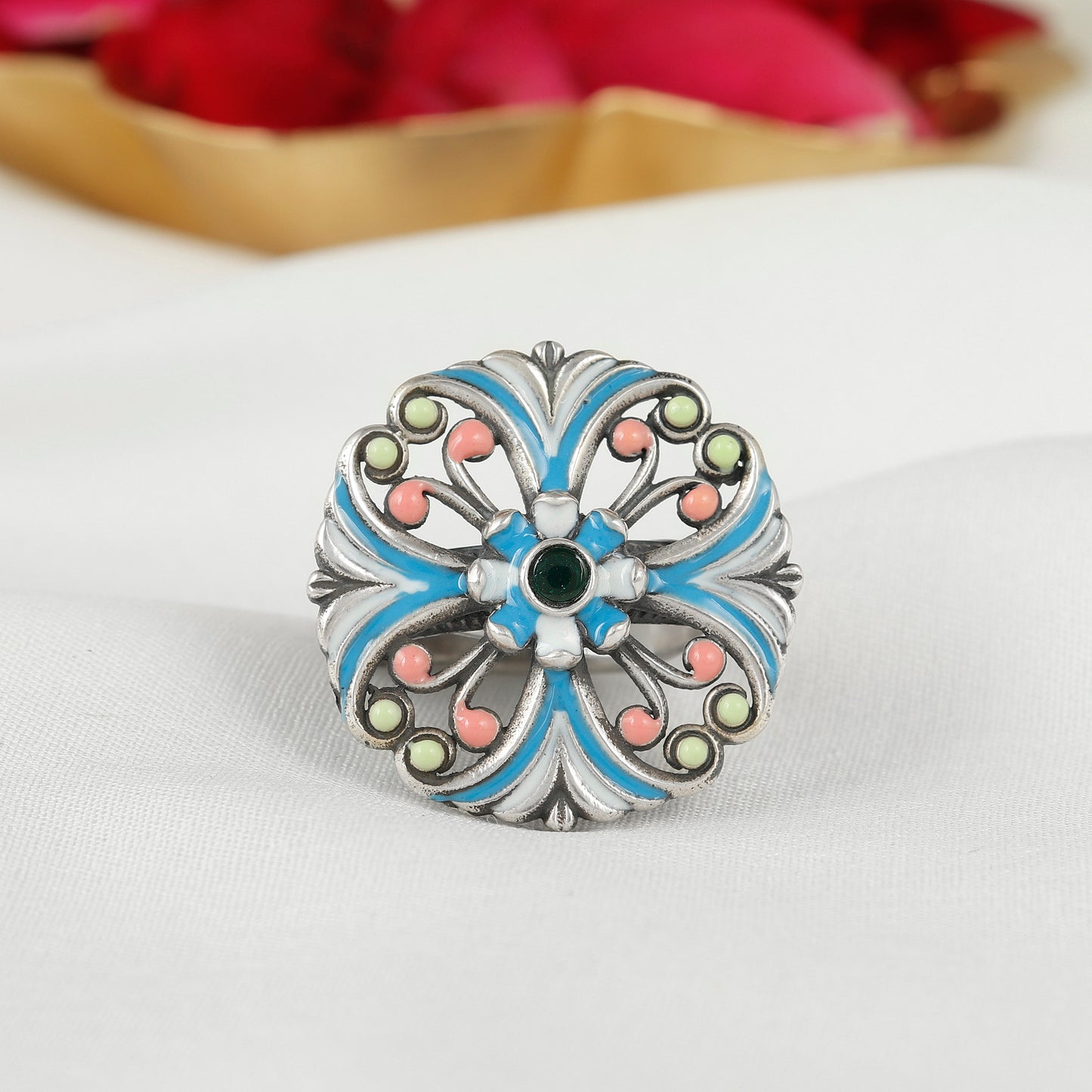 Floral Opulence Silver Adjustable Ring